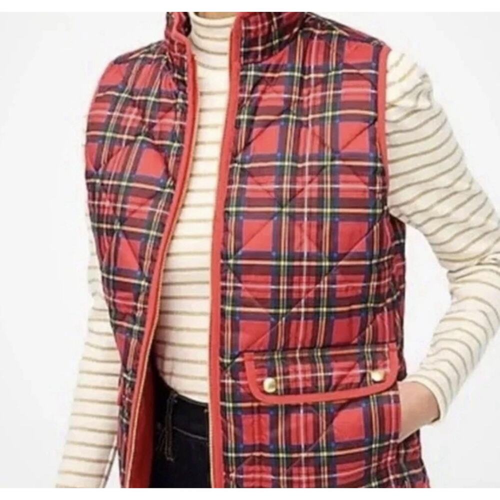 J Crew Vest Womens Large Tartan Plaid Puffer Classic Snap Pockets Red
